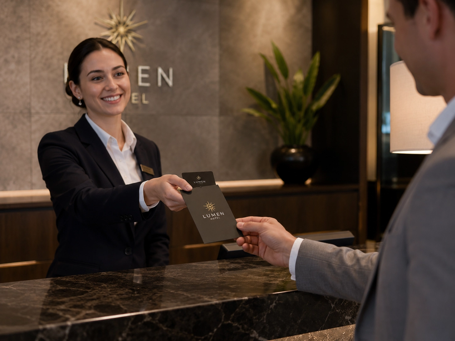 A branded hotel key card packet sleeve being handed to a guest at a hotel front desk